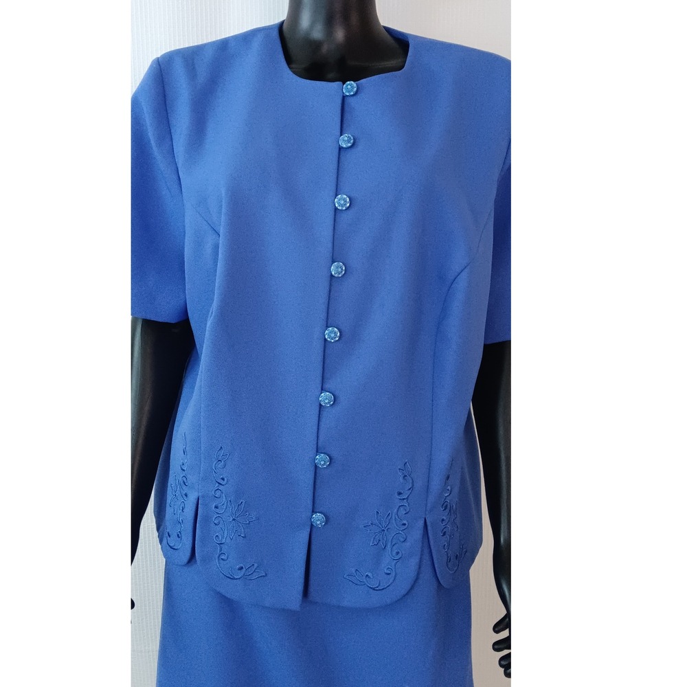 Lady Dorby Blue 2 Piece Skirt Set Floral Embroidery Button Top Skirt 18W - Picture 5 of 6